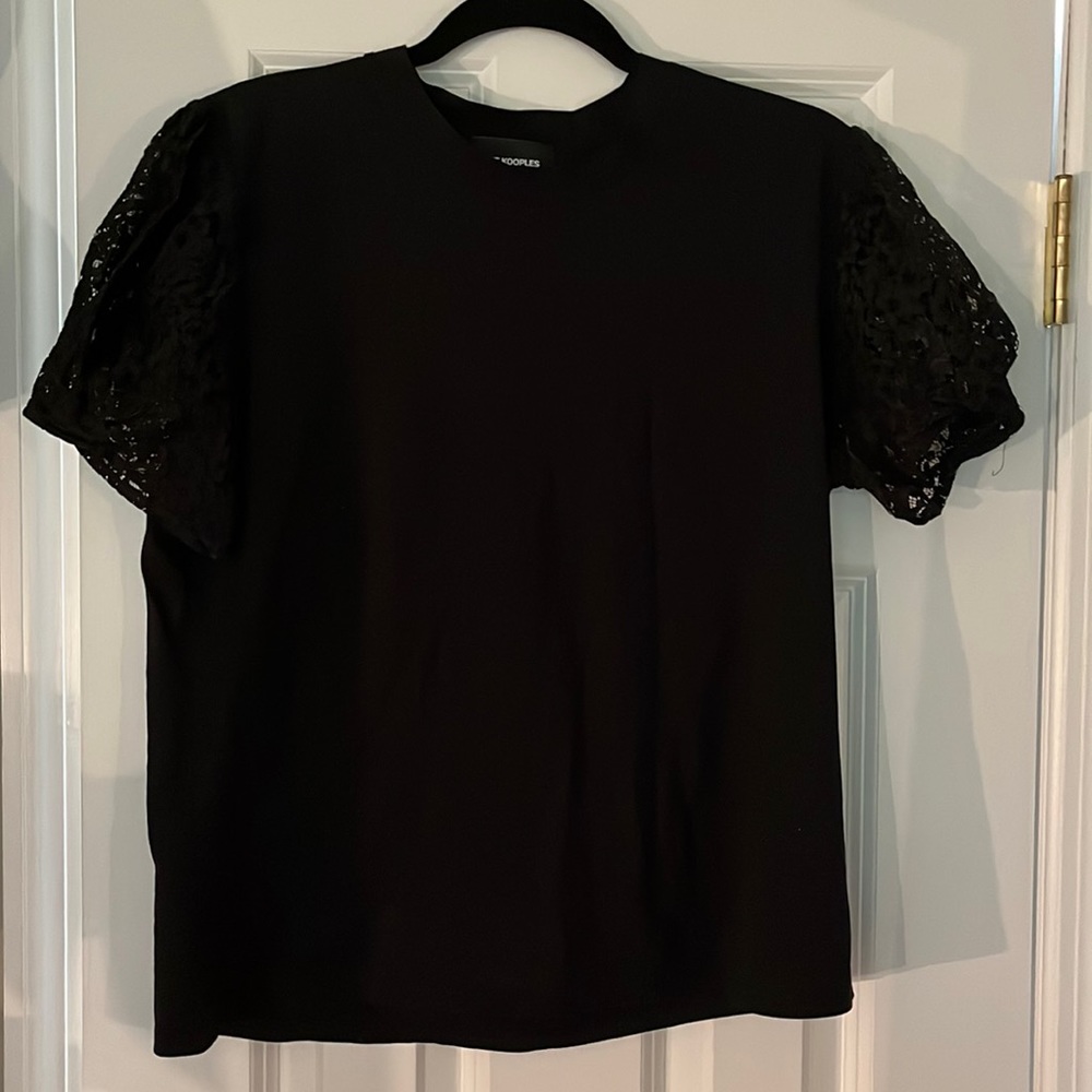 The Kooples Black Tee with Lace Short Sleeves